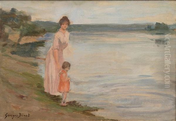 Mother And Child By The Sea Oil Painting by Georges Jules Ernest Binet