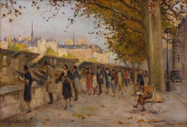 Les Quais De Paris, Les Bouquinistes Oil Painting by Georges Jules Ernest Binet