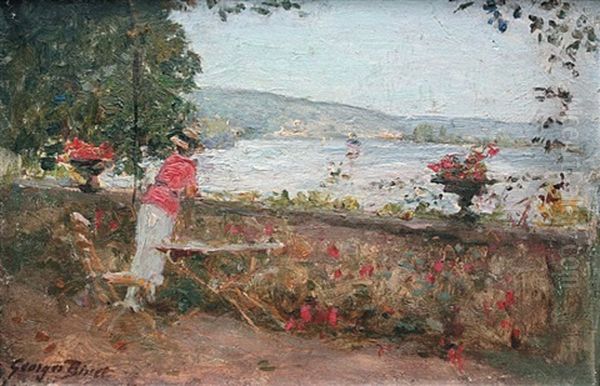 Jeune Femme Sur La Terrasse En Bord De Mer Oil Painting by Georges Jules Ernest Binet