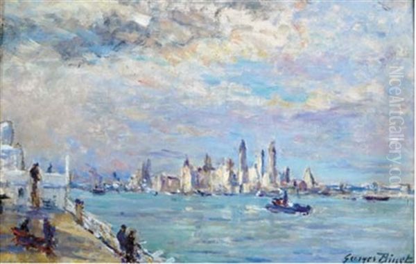 A Harbor View Oil Painting by Georges Jules Ernest Binet