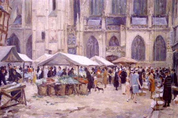 Le Marche Pres De La Cathedrale De Rouen Oil Painting by Georges Jules Ernest Binet