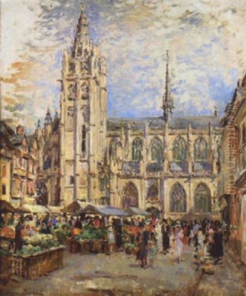 Caudebec, La Place Du Marche Oil Painting by Georges Jules Ernest Binet