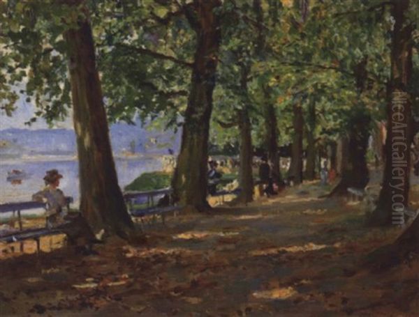 Promenade En Bord De Seine Oil Painting by Georges Jules Ernest Binet