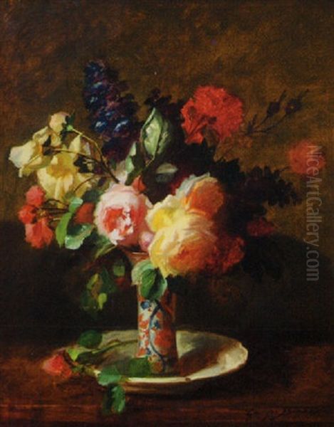 Still Life With Roses, Lilacs And Canton Vase Oil Painting by Georges Jules Ernest Binet