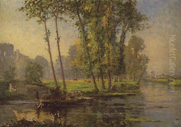 Bord De Riviere Animee Oil Painting by Georges Jules Ernest Binet