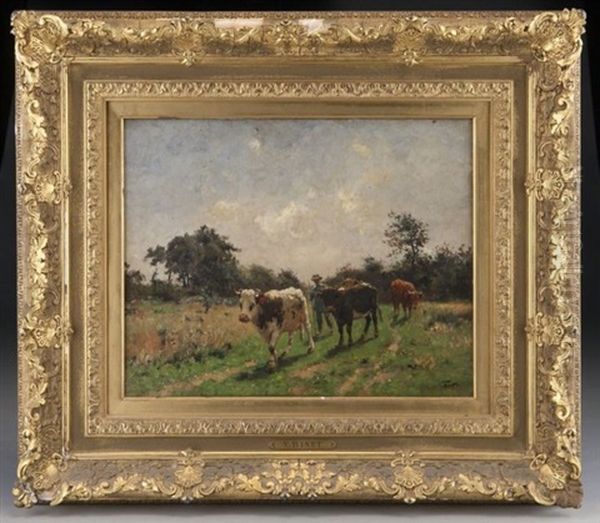 Cattle And Landscape Oil Painting by Victor Jean Baptiste Barthelemy Binet