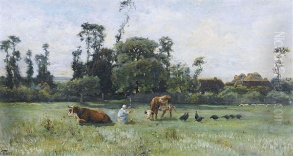 Weidelandschaft Mit Bauerin, Kuhen Und Huhnerschar Oil Painting by Victor Jean Baptiste Barthelemy Binet