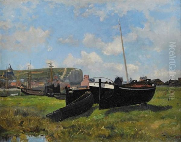 Normandie, Barques Au Treport Oil Painting by Victor Jean Baptiste Barthelemy Binet