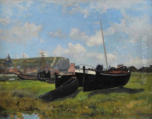 Normandie, Barques Au Treport Oil Painting by Victor Jean Baptiste Barthelemy Binet