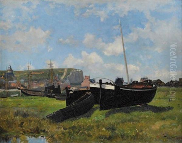 Normandie, Barques Au Treport Oil Painting by Victor Jean Baptiste Barthelemy Binet