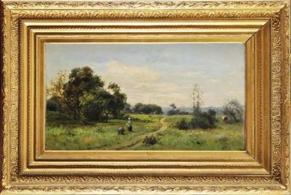 Paysannes Sur Le Chemin Fleuri Oil Painting by Victor Jean Baptiste Barthelemy Binet