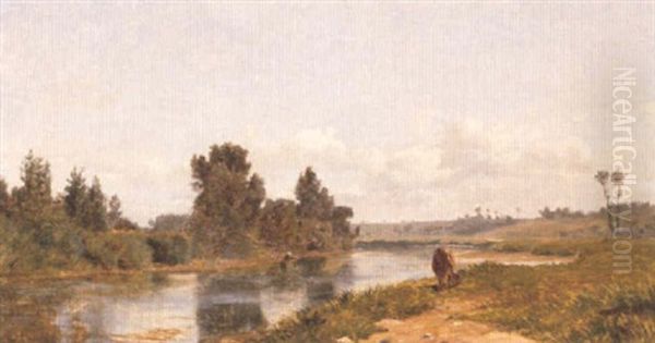 A River Landscape Oil Painting by Victor Jean Baptiste Barthelemy Binet