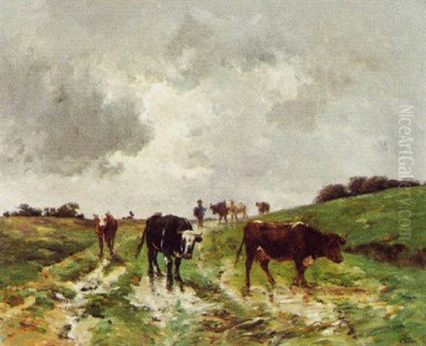 Kuhe In Landschaft Vor Einem Gewitter Oil Painting by Victor Jean Baptiste Barthelemy Binet