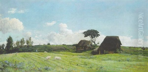 Farmhouses In A Field Oil Painting by Victor Jean Baptiste Barthelemy Binet