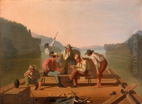 Raftsmen Playing Cards Oil Painting by George Caleb Bingham