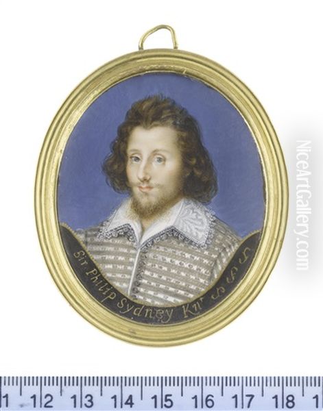 Sir Philip Sidney (1554-1586), Wearing Grey Doublet Laid Across With Silver Cord, White Lace Falling Collar With Scalloped Edge...(after Isaac Oliver) Oil Painting by Margaret, Lady Bingham