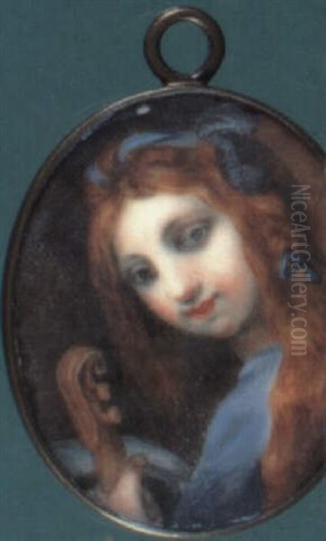 A Lady Dressed In Blue With Matching Ribbon In Her Auburn   Hair, Holding A Violin Oil Painting by Margaret, Lady Bingham