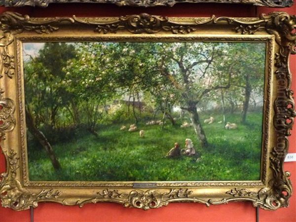 Children And Lambs In An Orchard Oil Painting by James George Bingley