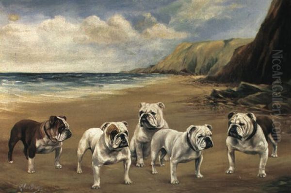 Bulldogs On A Beach Oil Painting by Reuben Ward Binks