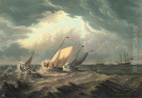 Dutch Fishing Boats Off The Coast With Other Shipping In The Distance Oil Painting by Thomas A. Binks