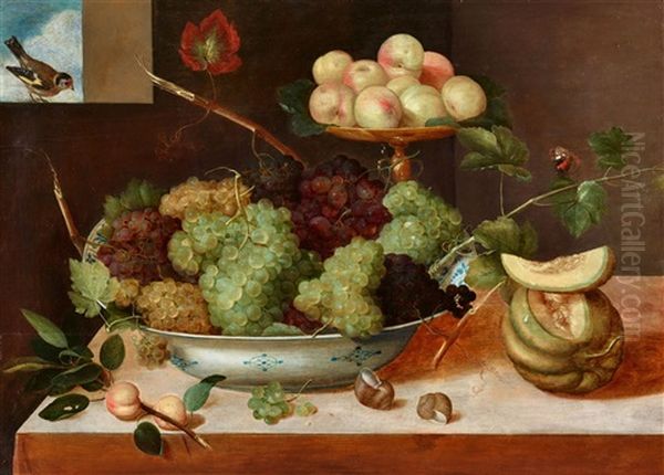 Still Life With Grapes In A Porcelain Dish, Peaches, Melons, And Snails Oil Painting by Pieter Binoit