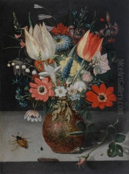 Still Life Of Flowers In An Earthenware Vase On A Stone Ledge, With Insects And A Caterpillar Beside It Oil Painting by Pieter Binoit