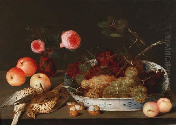 A Fruit And Flower Still Life With Birds Oil Painting by Pieter Binoit