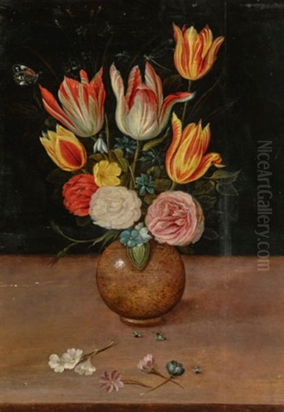 Still Life Of Flowers, Including Tulips And Roses, In A Stone Urn On A Ledge Oil Painting by Pieter Binoit