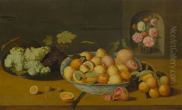 Still Life With Citrus Fruits In A Bowl, Grapes On A Silver Plate And A Bouquet Of Flowers In A Niche Oil Painting by Pieter Binoit