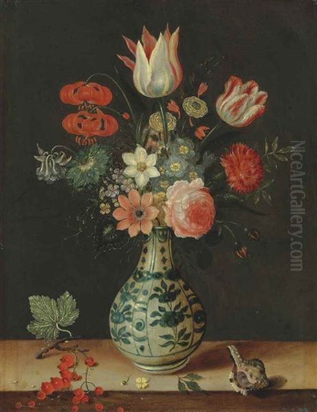 Flowers In A Wan-li Vase On A Ledge Oil Painting by Pieter Binoit