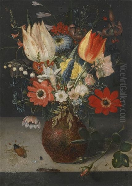 Still Life Of Flowers In An Earthenware Vase On A Ledge Oil Painting by Pieter Binoit