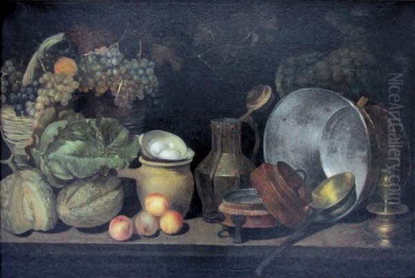 Nature Morte Au Panier De Raisins, Choux, Melons, Abricots Et Ustensiles De Cuivre Oil Painting by Pieter Binoit