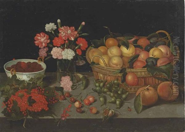 Apricots In A Woven Basket, Carnations In A Glass Vase, Raspberries In A Wan-li Bowl, With Redcurrants, Other Fruit, And Insects On A Stone Ledge Oil Painting by Pieter Binoit