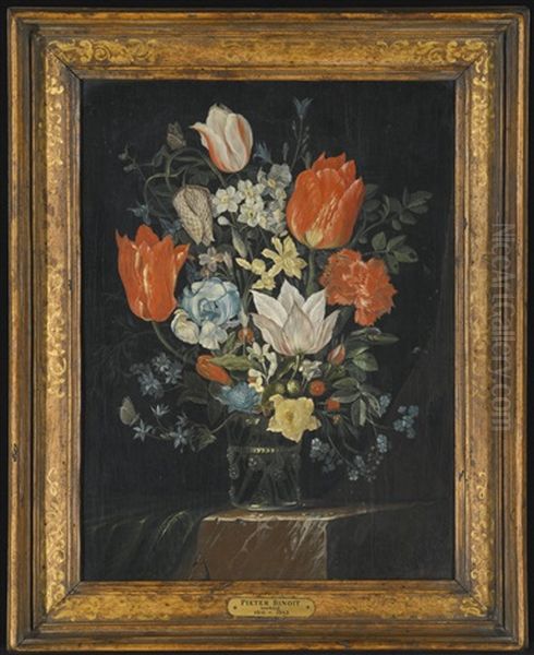 Still Life Of Tulips, Forget-me-nots, Fritillaries And Other Flowers In A Vase On A Marble Ledge Oil Painting by Pieter Binoit