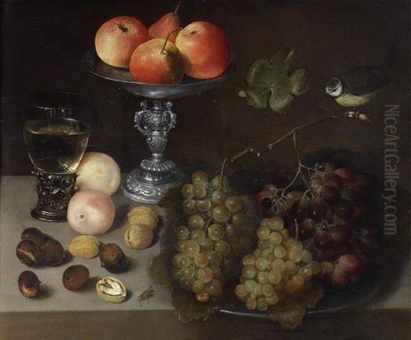 A Pewter Dish Of Apples With A Glass Of Wine, Peaches, Walnuts, Chestnuts And Grapes On A Stone Ledge, A Blue Tit Perching On A Branch Oil Painting by Pieter Binoit