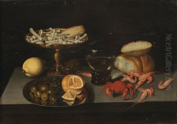 Nature Morte Aux Crustaces, Olives, Citron Et Sucreries Sur Un Entablement Oil Painting by Pieter Binoit