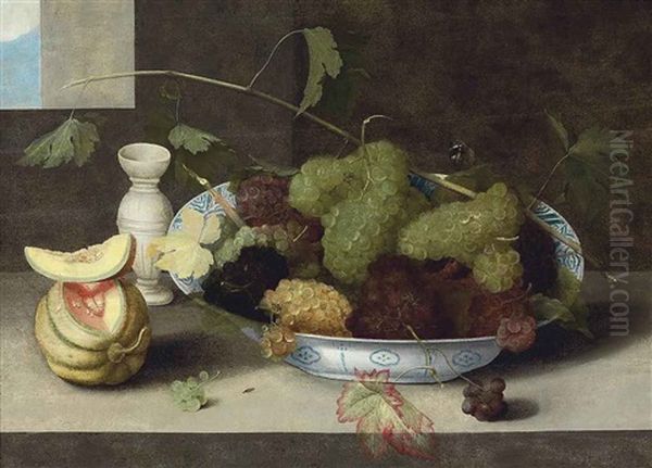 A Kraak Porcelain Bowl Of Grapes, With A Cut Melon And A Stoneware Vase On A Stone Ledge Oil Painting by Pieter Binoit