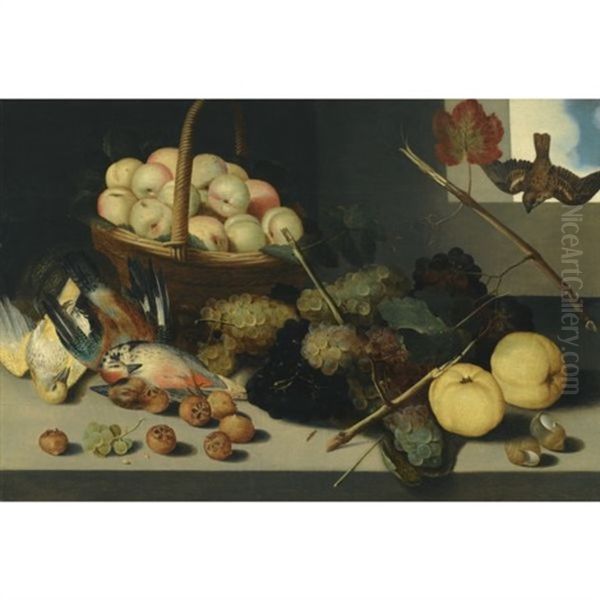 A Still Life With A Basket Of Peaches, Grapes, Snail Shells, Medlers And Dead Game, All Arranged Beneath An Open Window Oil Painting by Pieter Binoit