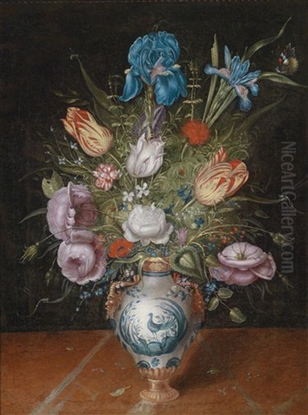 Blumenstraus Mit Tulpen, Rosen Und Anderen Bluten In Einer Kostbaren Chinesischen Porzellanvase Mit Goldmontierung Oil Painting by Pieter Binoit