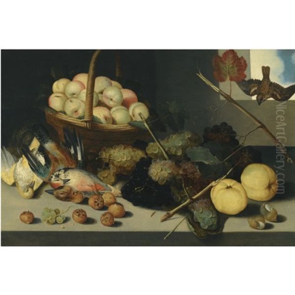 A Still Life With A Basket Of Peaches, Grapes, Snail Shells, Meddlers And Dead Game, All Arranged Beneath An Open Window Oil Painting by Pieter Binoit