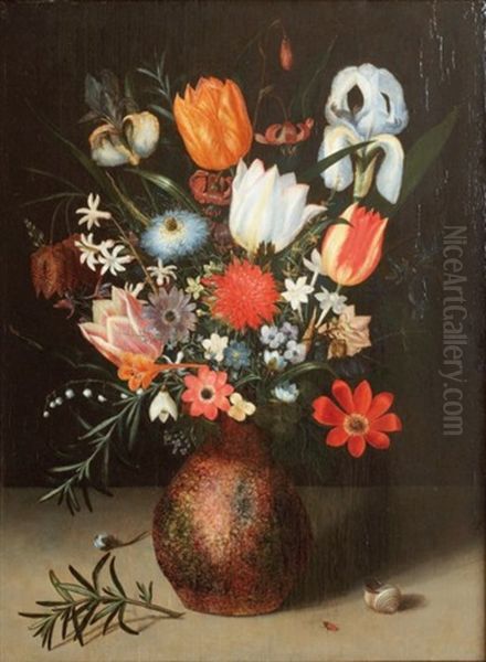 Nature Morte Au Bouquet De Fleurs Dispose Sur Un Entablement Oil Painting by Pieter Binoit