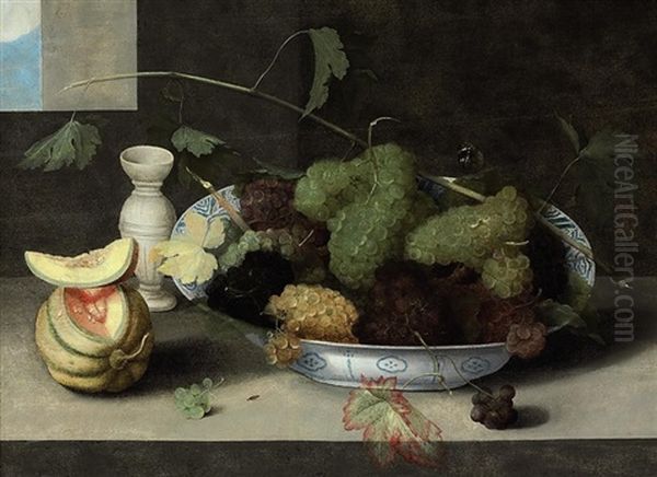 A Kraak Porcelain Bowl Of Grapes, With A Cut Melon And A Stoneware Vase On A Stone Ledge, A Window Beyond Oil Painting by Pieter Binoit