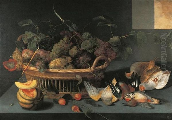 Stilleben Mit Trauben, Vogeln Und Einer Melone Auf Einem Tisch Oil Painting by Pieter Binoit