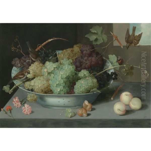 Still Life With Bunches Of Grapes In A Porcelain Bowl, Three Sparrows, And A Butterfly, With Peaches And Snails On The Stone Ledge Below Oil Painting by Pieter Binoit