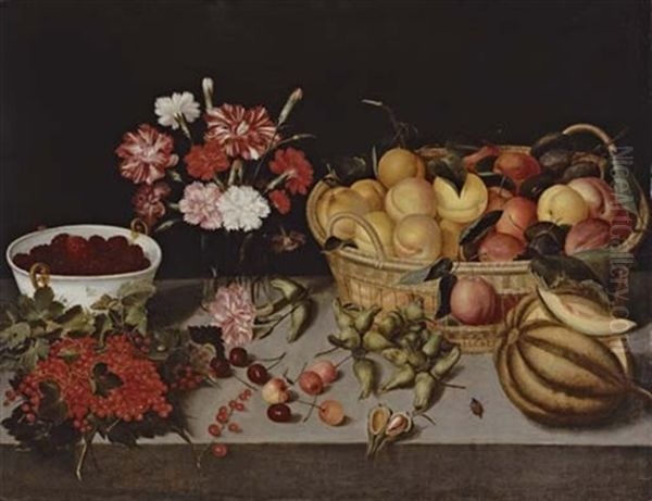 A Basket Of Peaches And Plums, Carnations In A Vase, A Bowl Of Blackberries, A Melon, Cherries, Hazelnuts And Red Currants On A Table Ledge Oil Painting by Pieter Binoit