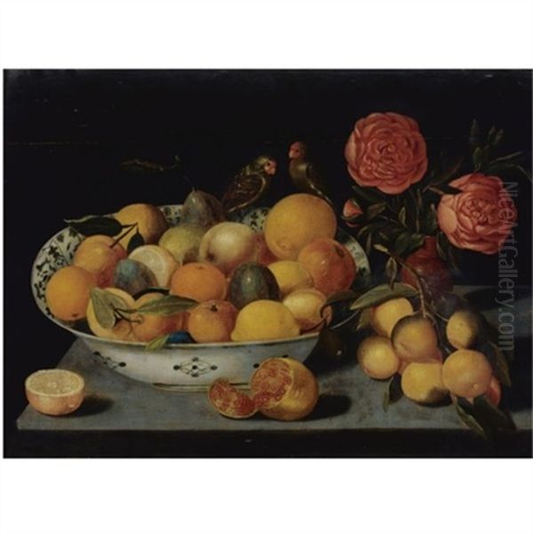 Still Life Of Fruit In A Wanli Kraak Porcelain Bowl Resting On A Table With A Pomegranate, A Bunch Of Oranges, Roses In A Vase And Two Parrots Oil Painting by Pieter Binoit