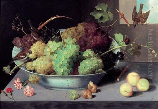 Grappes De Raisin Dans Un Plat En Porcelaine Wan-li Et Trois Moineaux Oil Painting by Pieter Binoit