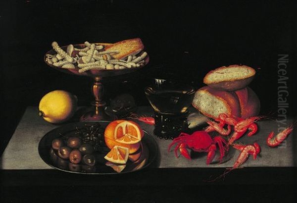 Nature Morte A L'etrille, Crevettes Et Sucreries Sur Un Entablement Oil Painting by Pieter Binoit