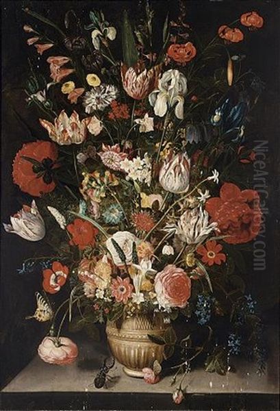 A Still Life With Tulips, Roses, Irises, Carnations, Raceme Daffodils, Poppy Anemones, Hyacinth And Other Flowers In A Stoneware Vase, With A Butterfly And A Stag Beetle Oil Painting by Pieter Binoit