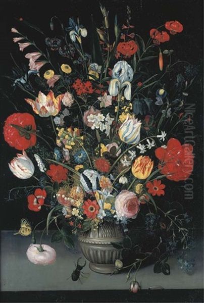 Tulips, Irises, Pink And White Roses, Narcissi, Primroses And Other Flowers In A Stone Vase With Butterflies, A Caterpillar, A Snail And ... Oil Painting by Pieter Binoit